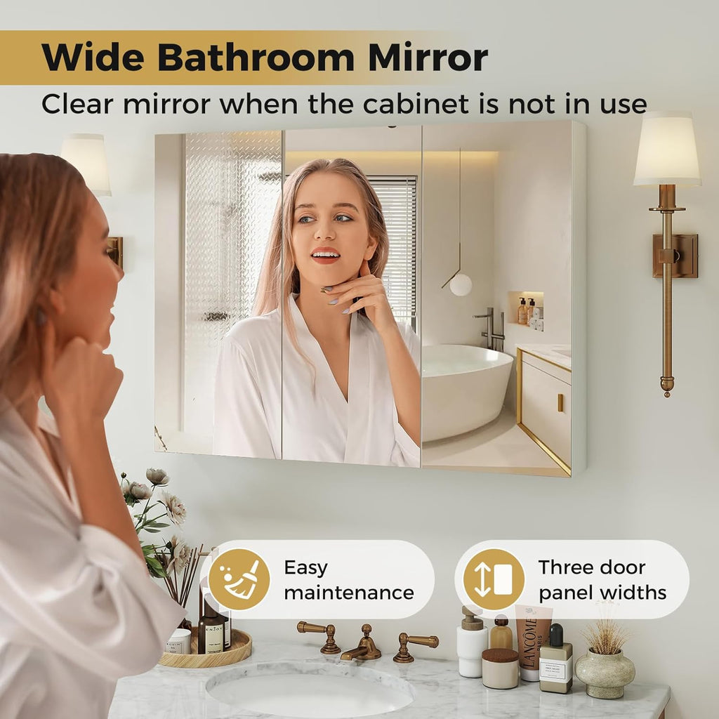NAFORT Mirrored Medicine Cabinet, 3-Door Wall Mounted Storage Cabinet with Adjustable Shelves, Large Bathroom Wall Cabinet Organizer with Frameless Mirrors, Recessed or Surface Mount