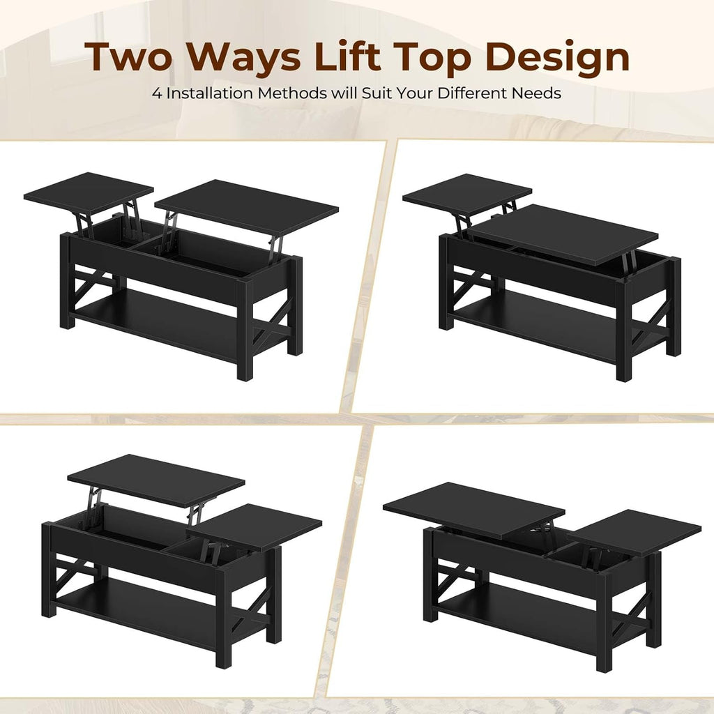 Rolanstar Coffee Table 47.2", 2 Way Lift Top Farmhouse Center Table with Hidden Compartment, Open Shelf & X Wooden Support for Living Room, Black