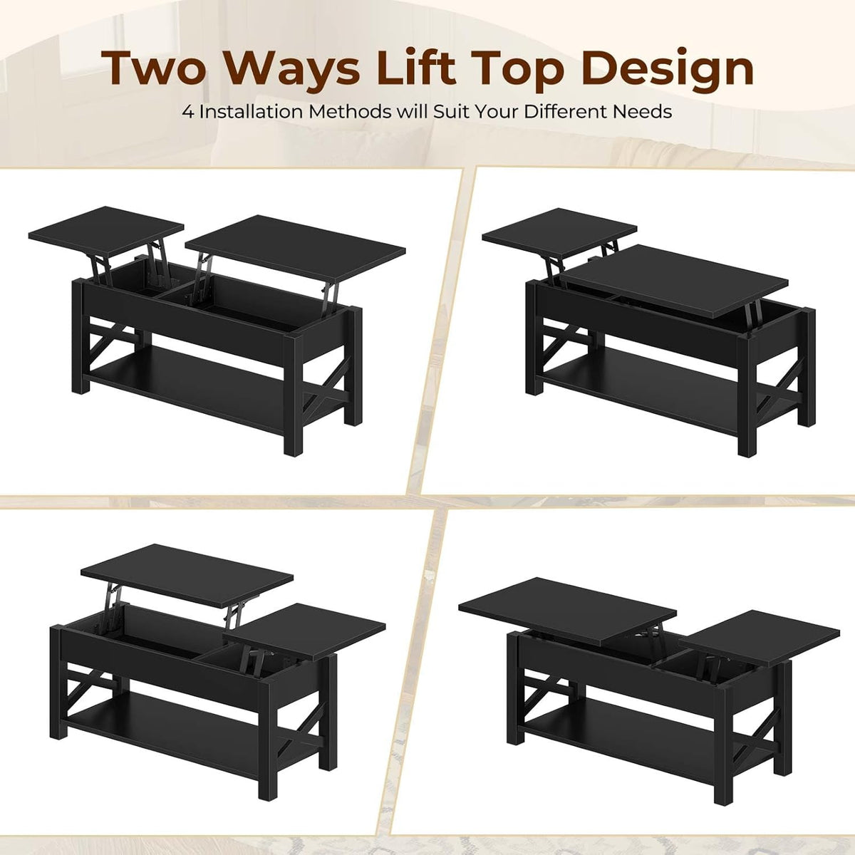 Rolanstar Coffee Table 47.2", 2 Way Lift Top Farmhouse Center Table with Hidden Compartment, Open Shelf & X Wooden Support for Living Room, Black