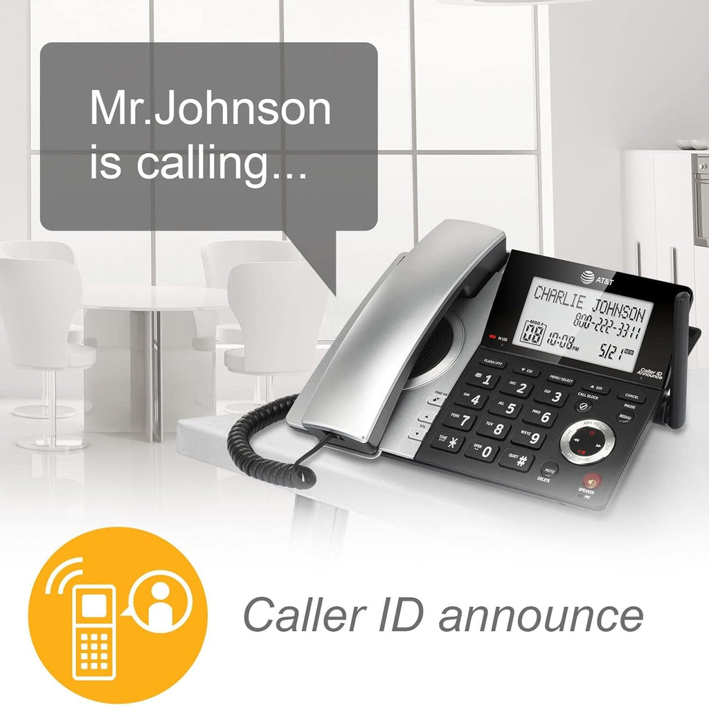 AT&T CL84207 DECT 6.0 2-Handset Corded/Cordless Phone for Home with Long Range, Answering Machine, Call Blocking, Caller ID Announcer, Intercom, and Line-power mode, Silver/Black