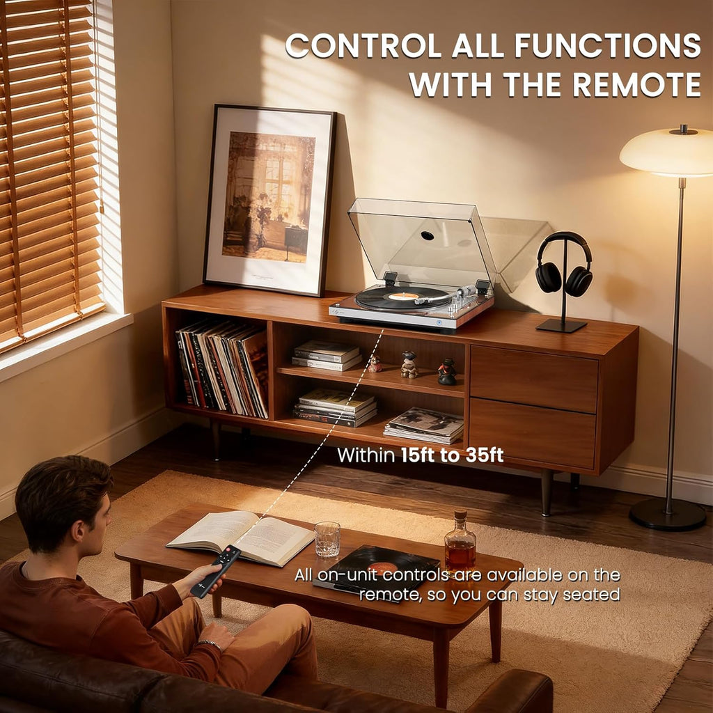 1 BY ONE Fully Automatic Belt-Drive Turntable, Wireless Vinyl Record Player with Automatic Repeat Function, Remote Control, Phono Preamp, AT-3600L Cartridge, 33/45 RPM