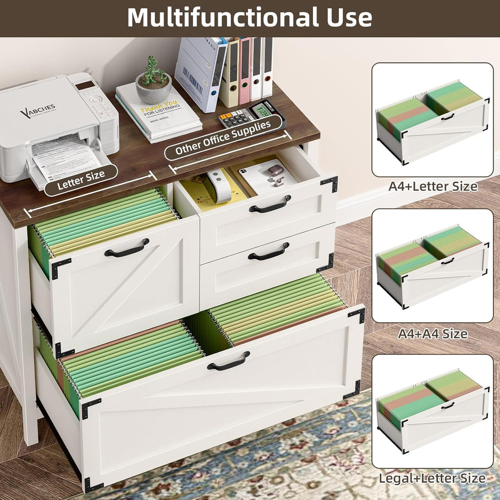 Wood Lateral File Cabinet with 4-Drawer for Hanging Files Letter/A4/Legal Size, Large Farmhouse Filing Cabinets for Home Office, Printer Stand with Office Cabinet, Office Furniture, White and Brown