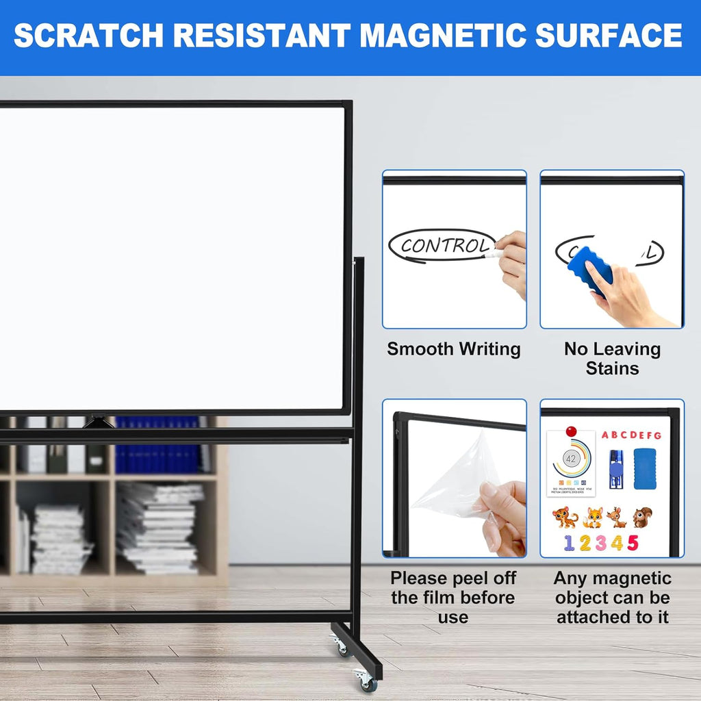 Max-officoo Large Dry Erase White Board with Rolling Stand 72"x48" Double-Sided Mobile Magnetic Whiteboard on Wheels, Including 3 Magnetic Erasers, 7 Markers, 30 Magnets