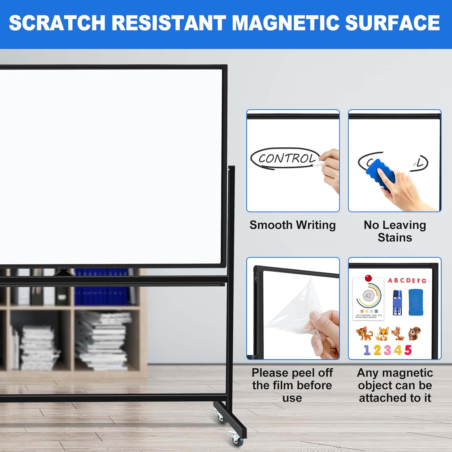 Max-officoo Large Dry Erase White Board with Rolling Stand 72"x48" Double-Sided Mobile Magnetic Whiteboard on Wheels, Including 3 Magnetic Erasers, 7 Markers, 30 Magnets