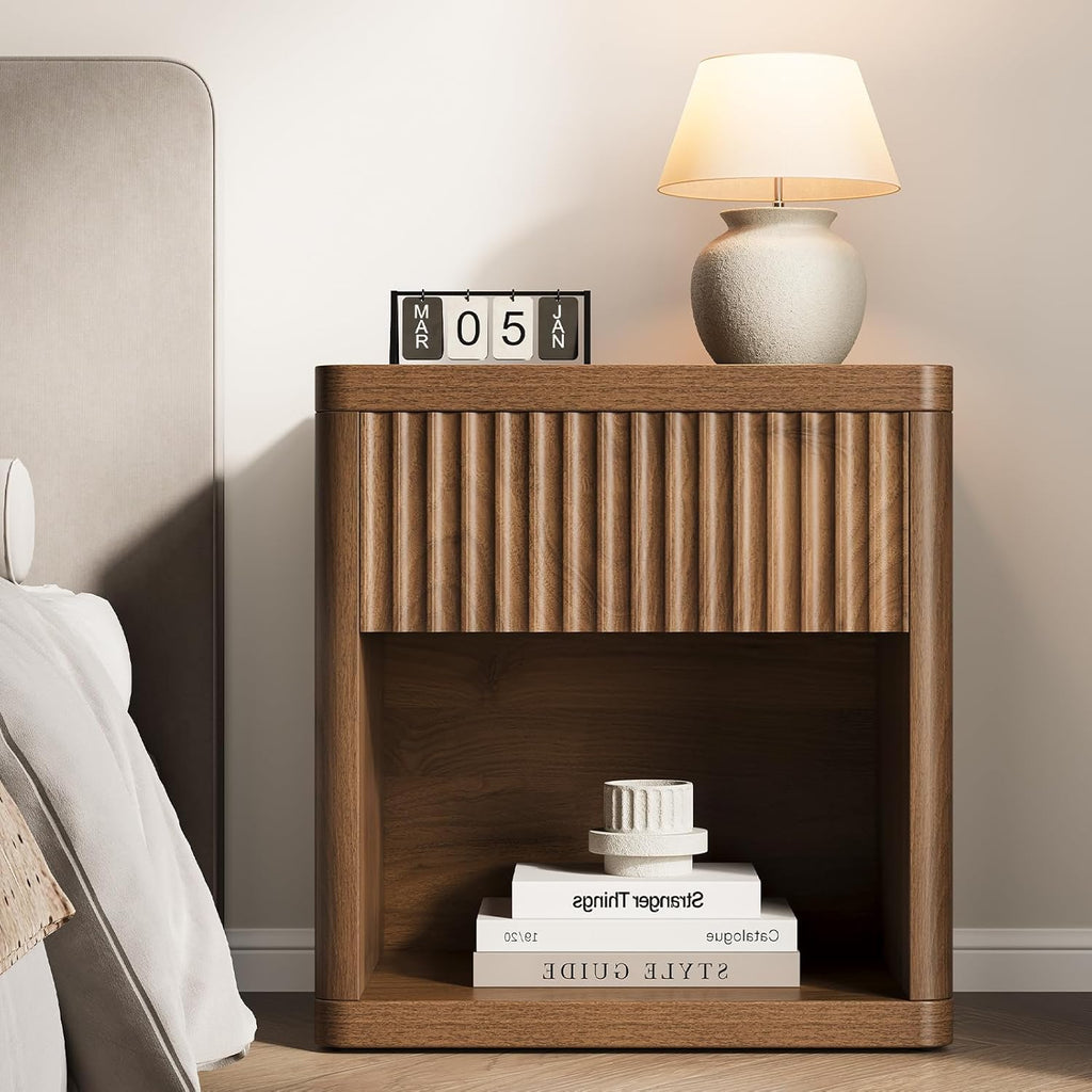 Night Stand Fluted Nightstand with Drawers, Wood Bedside Table End Tables, Large Storage Nightstands, Mid Century Modern Night Stands for Bedroom, Walnut