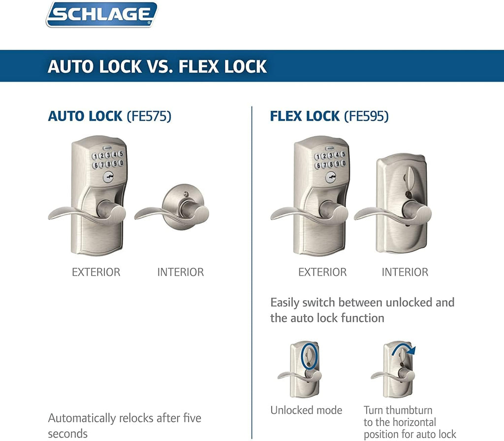 Schlage Camelot Keypad Lock with Lever Handle, Electronic Keyless Door Entry, Auto‑Lock Enabled, Satin Chrome, FE575 CAM 626 ACC