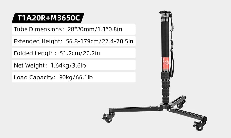 SUNWAYFOTO T1A20R + M3650C CF Monopod + Dolly, Heavy Duty Rolling Stand, Aluminum Alloy w Rubber Wheels
