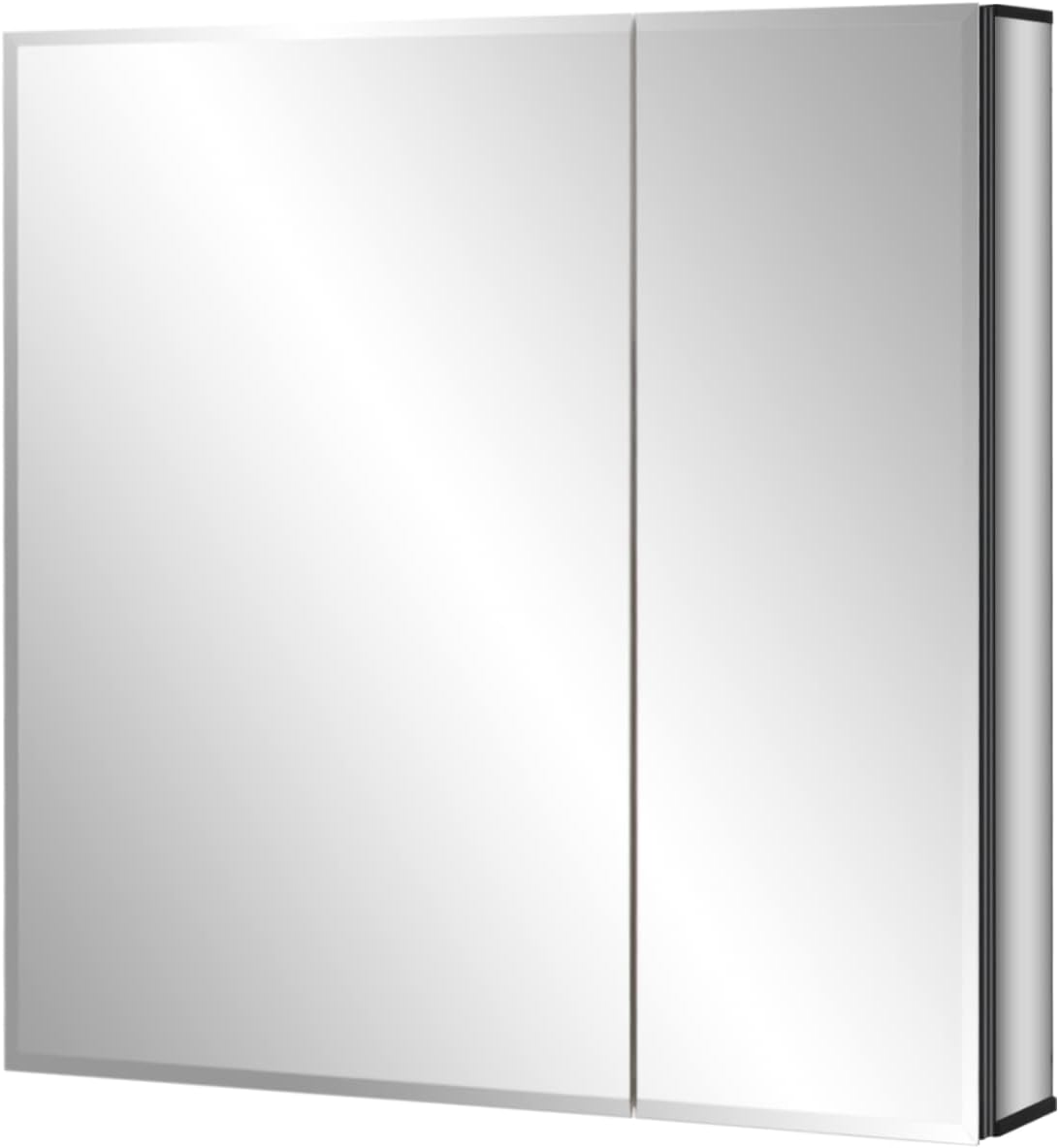 Fundin Black Aluminum Medicine Cabinet 24 x 24 Inch Recessed or Surface Mount, with Double Door and Adjustable Shelves.