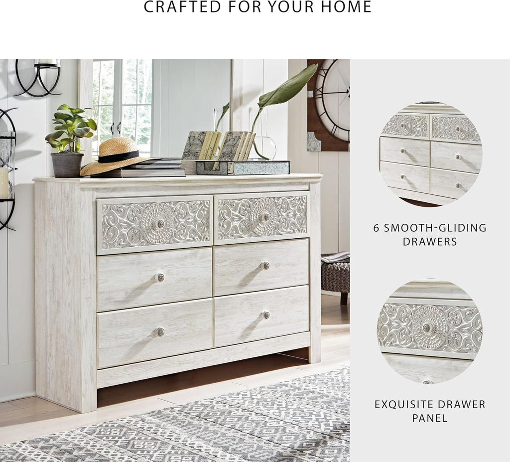 Signature Design by Ashley Paxberry Boho 6 Drawer Dresser, Smooth-gliding Faux Laminate Lined Drawers, Wood, 61.26" W x 15.83" D x 40" H, Whitewash