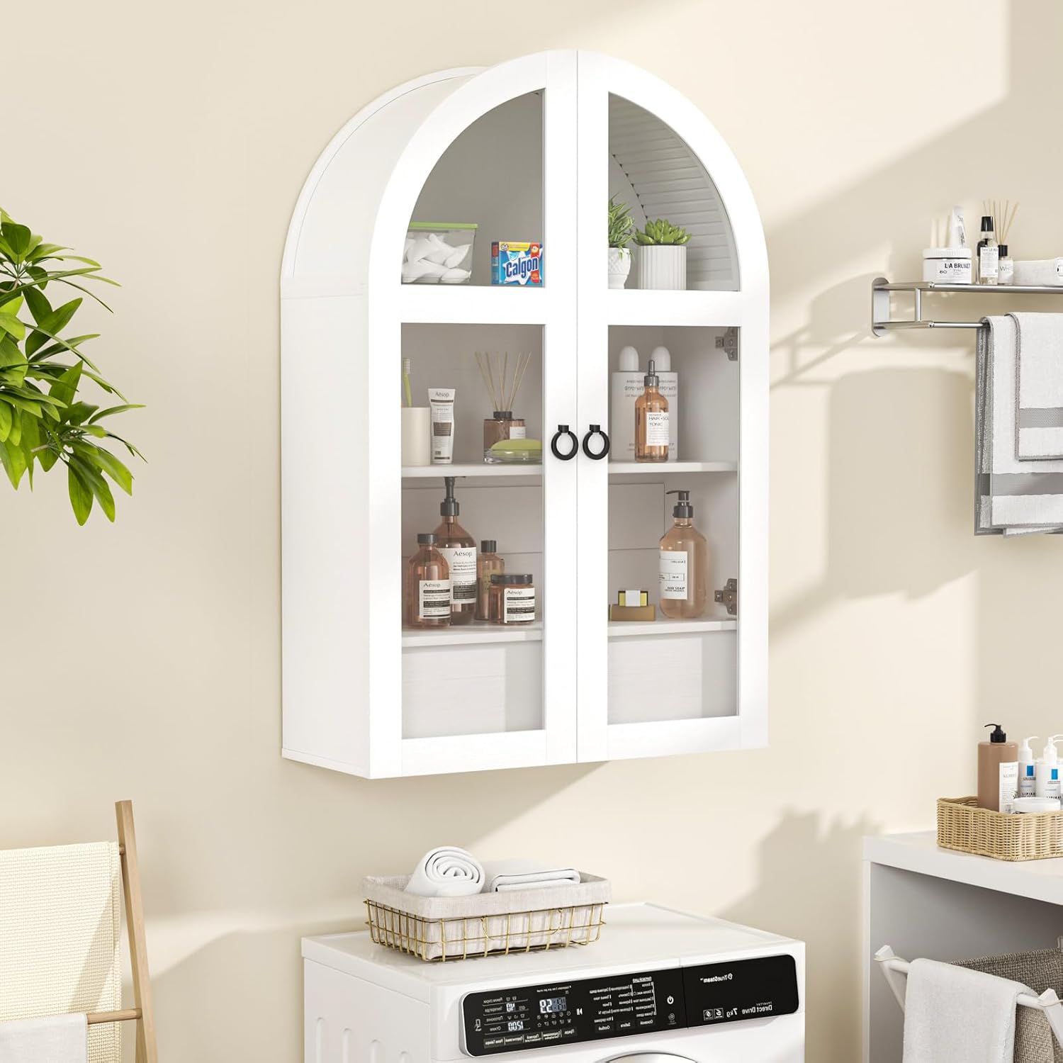 Arched Medicine Cabinet, White Bathroom Wall Cabinet with Tempered Glass Door and Adjustable Shelf for Kitchen, Living Room, Entryway, Laundry Room, Apartment, Office, Small Space