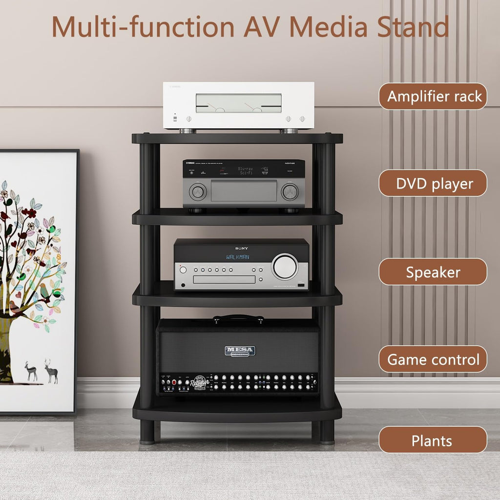 4 Tier AV Media Stand, Audio Rack Tower Adjustable Height, TV Game Console Equipment Shelf, CD Record Player Stereo Component Rack Cabinet for Home Theater Studio (Black)