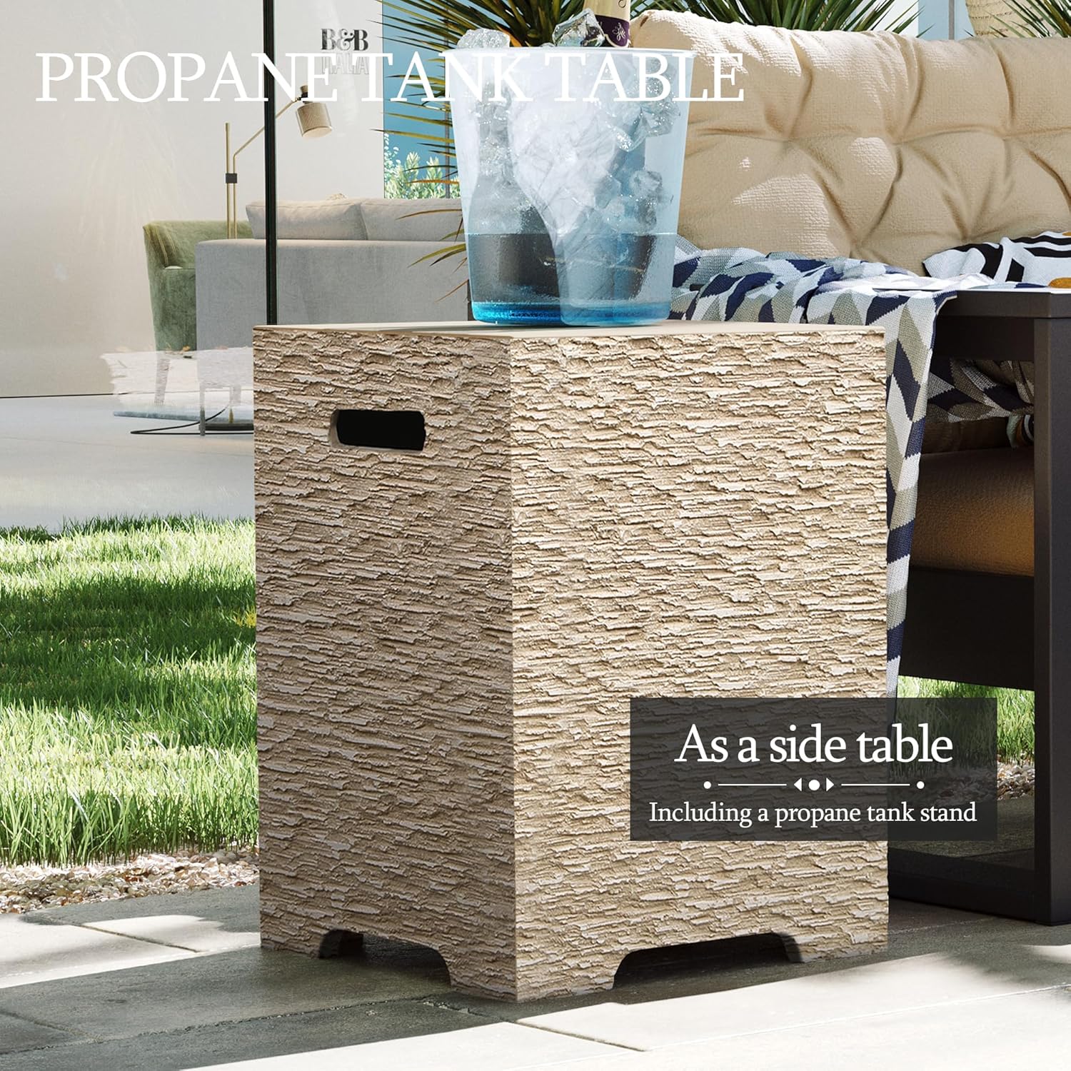 UPHA 56-inch Outdoor Propane Gas Fire Pit Table 50000 BTU Concrete Rectangle FirePit for Outside Patio with Propane Tank Cover, Wind Guad, Blue Glass Rocks, Rain Cover, Beige