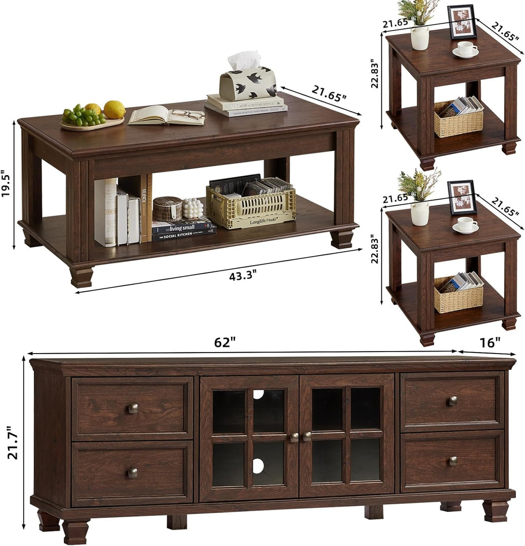 SAVOR LIFE Farmhouse TV Stand and Coffee Table Set 4, Rustic Wood Living Room Table Set with TV Console, Center Table, End Table Set of 2 for Living Room, Walnut