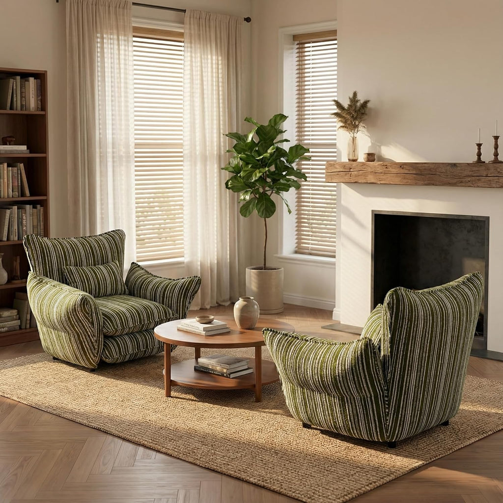 Chenille Accent Chair with Lumbar Pillow, Green Stripe, Wide Armrests, Deep Seat, 7 Inch High-Density Foam, 350 lbs Capacity