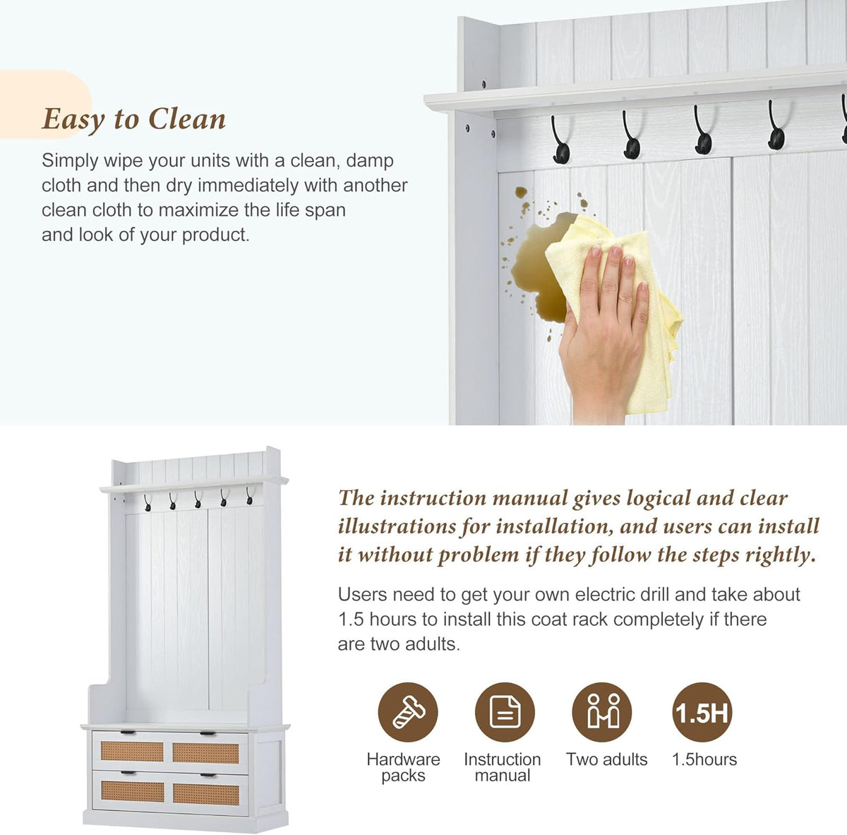 RUNNA Wooden Hall Tree with 5 Metal Hooks and 2 Large Drawers,Organizer with Bench,Top Shelves and Metal Handles,For Hallway Entryway Mudroom Use (White@Hooks)