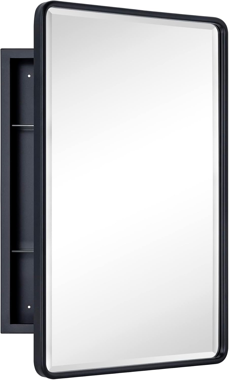TEHOME Surface Mount 16x24 Black Bathroom Medicine Cabinet with Mirror Matt Black Metal Framed Rounded Rectangle Medicine Cabinet with Beveled Mirror