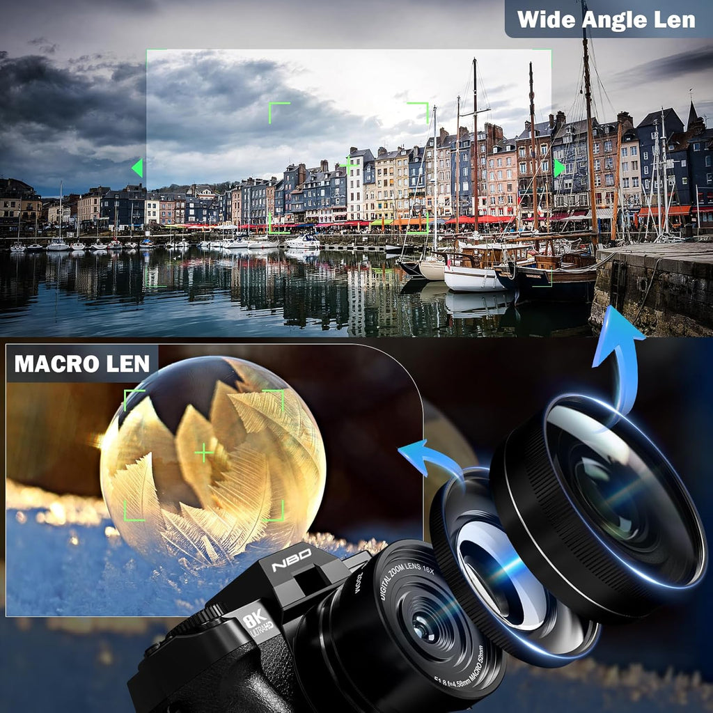 8K Digital Cameras for Photography 64MP - 16X Zoom Autofocus, WiFi, 180° Flip Screen with Wide-Angle & Macro Lens, Vlogging Camera for YouTube Travel with 64GB TF Card, 2 Batteries & Mic (Black)