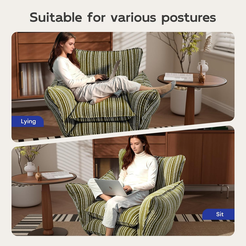 Chenille Accent Chair with Lumbar Pillow, Green Stripe, Wide Armrests, Deep Seat, 7 Inch High-Density Foam, 350 lbs Capacity