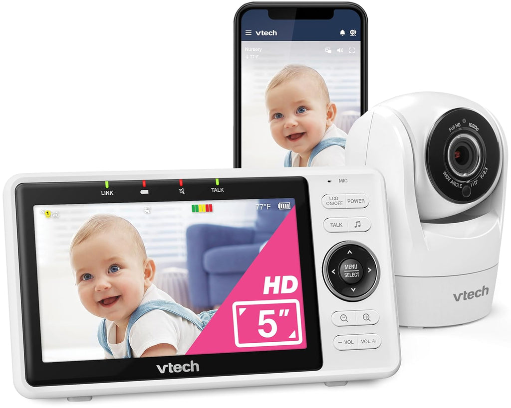 VTech WiFi Baby Monitor with Camera and Audio, 1080p Camera & 5" HD Screen – Remote Pan-Tilt-Zoom, Night Vision, Two-Way Talk, Motion Alerts, Free App | VM901