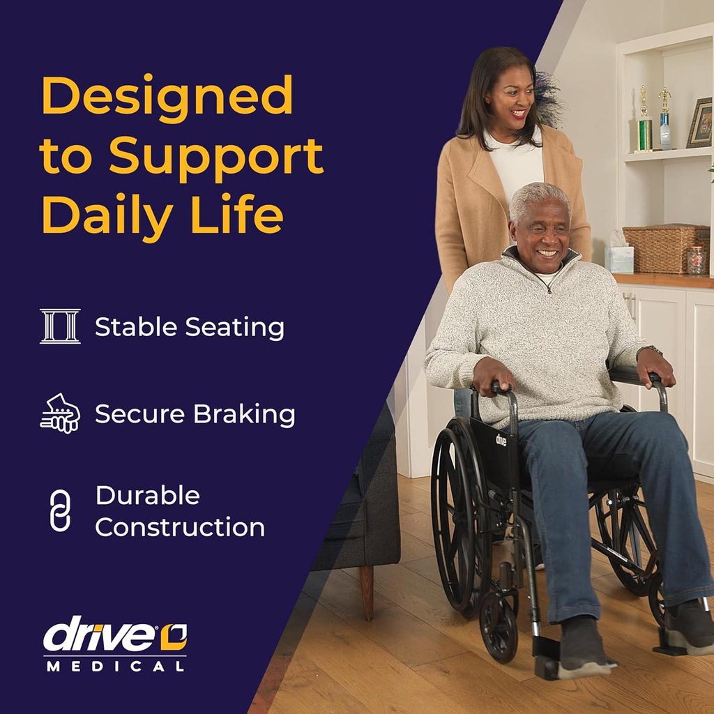 Drive Medical Silver Sport 1 Folding Transport Wheelchair - Lightweight Mobility Support - Full Armrests - Removable Swing-Away Footrests - Durable Steel Construction - Compact Folding Frame - Black
