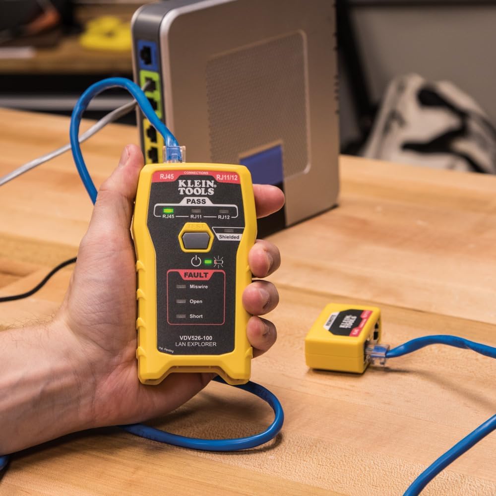 Klein Tools 80093 Cable Tester, VDV LAN Kit with LAN Tester, Pass Thru Crimper, CAT6/CAT5e Plugs and Strain Relief Boots, 5-Piece