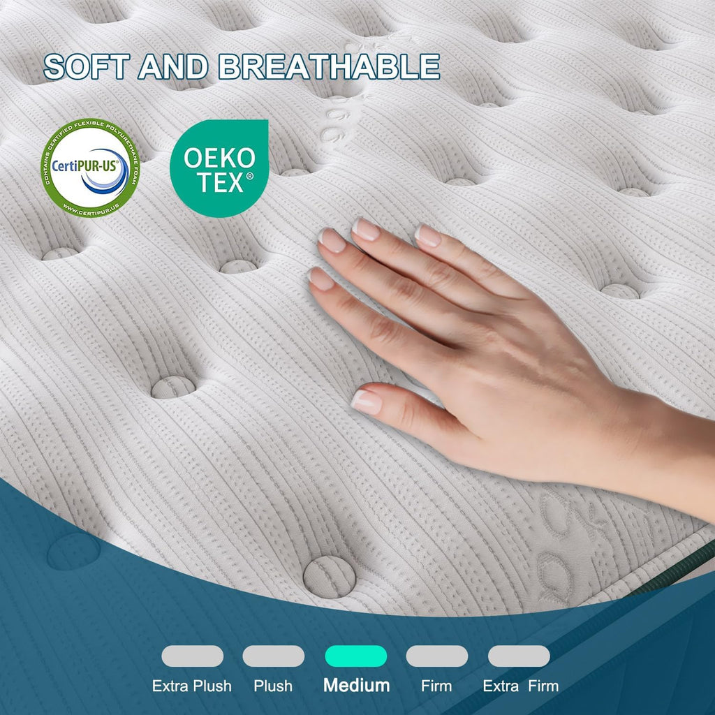 Queen Mattress, 14 Inch Hybrid Mattresses Green with Gel Memory Foam and Individually Pocket Innerspring Euro Top Medium Firm for Motion Isolation, Edge Support
