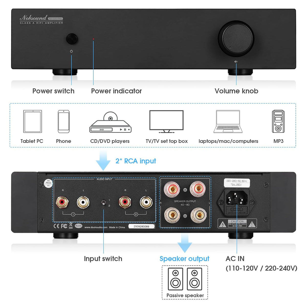 Nobsound Class A Stereo Amplifier: Single-Ended HiFi Integrated Speaker Amp Dual RCA Input Symmetrical Circuit for Home Audio Audiophiles (NS-02G PRO)