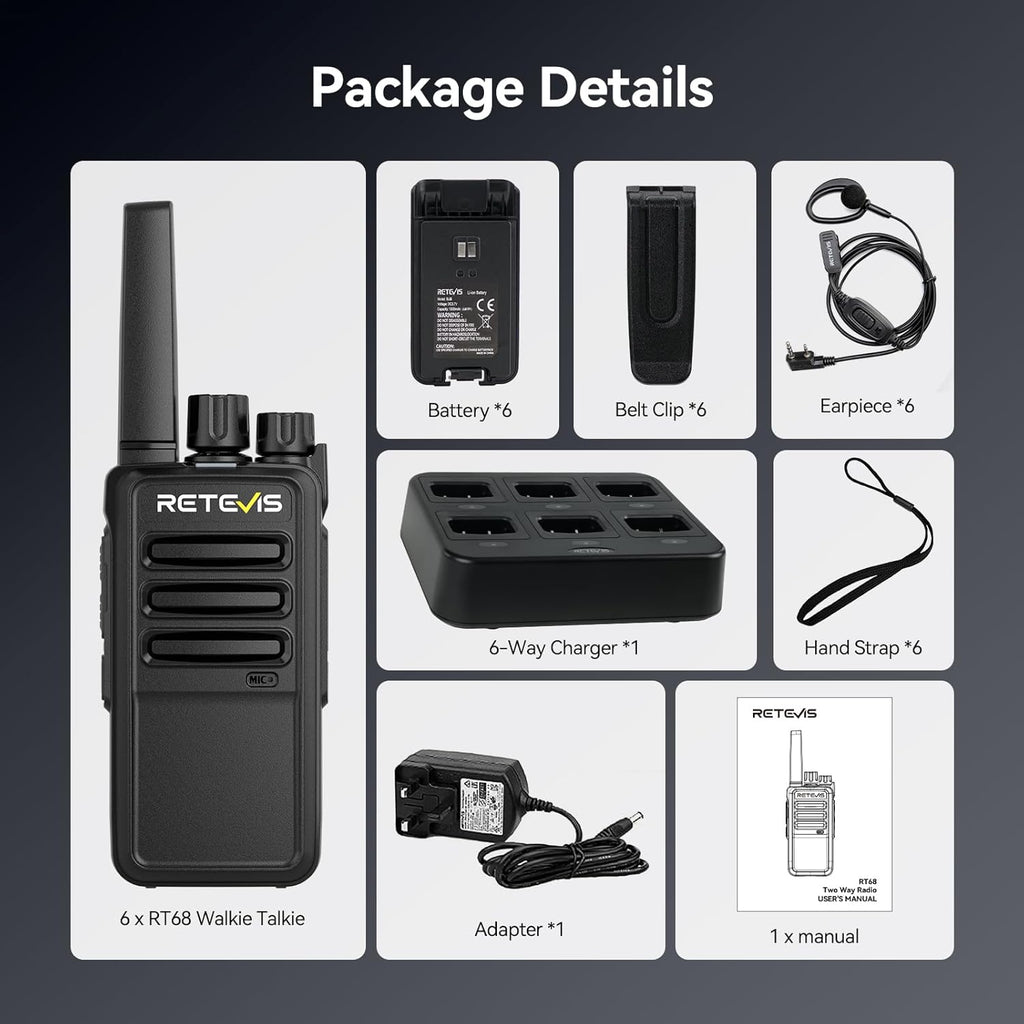 Retevis RT68 Walkie Talkies with Earpiece, Portable FRS Two-Way Radios Rechargeable, with 6 Way Multi Unit Charger, Hands Free, Long Range, Rugged 2 Way Radios 6 Pack for Adults School Church