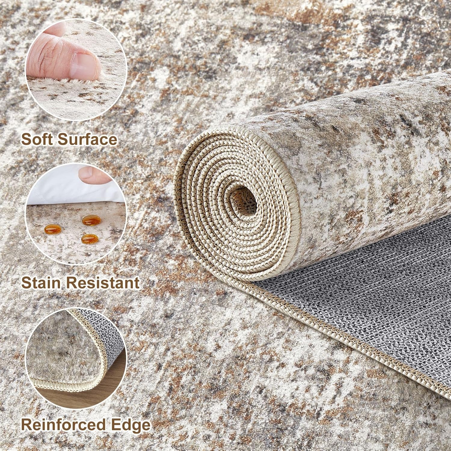 10x14 Area Rugs for Living Room: Washable Large Neutral Abstract Rug Soft Non Slip Stain Resistant Low Pile Indoor Carpet for Bedroom Dining Room Nursery Office Playroom - Brown Grey