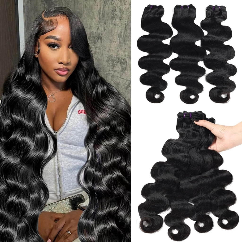 Beauty Queen 16A Body Wave Bundles Human Hair (20 18 16 Inch) 100% Unprocessed Brazilian Virgin Weave 3 Bundles Human Hair Full And Thick Remy Hair Extensions Natural Color for Women
