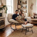 Patio Rocking Chair Set with Ottoman ,Indoor Outdoor Padded Rocking Chair for 2 Person,Oversized Papasan Chairs,Double Wicker Egg Rockers, Lounge Chair for Patio, Living Room, Bedroom, or Porch,Beige