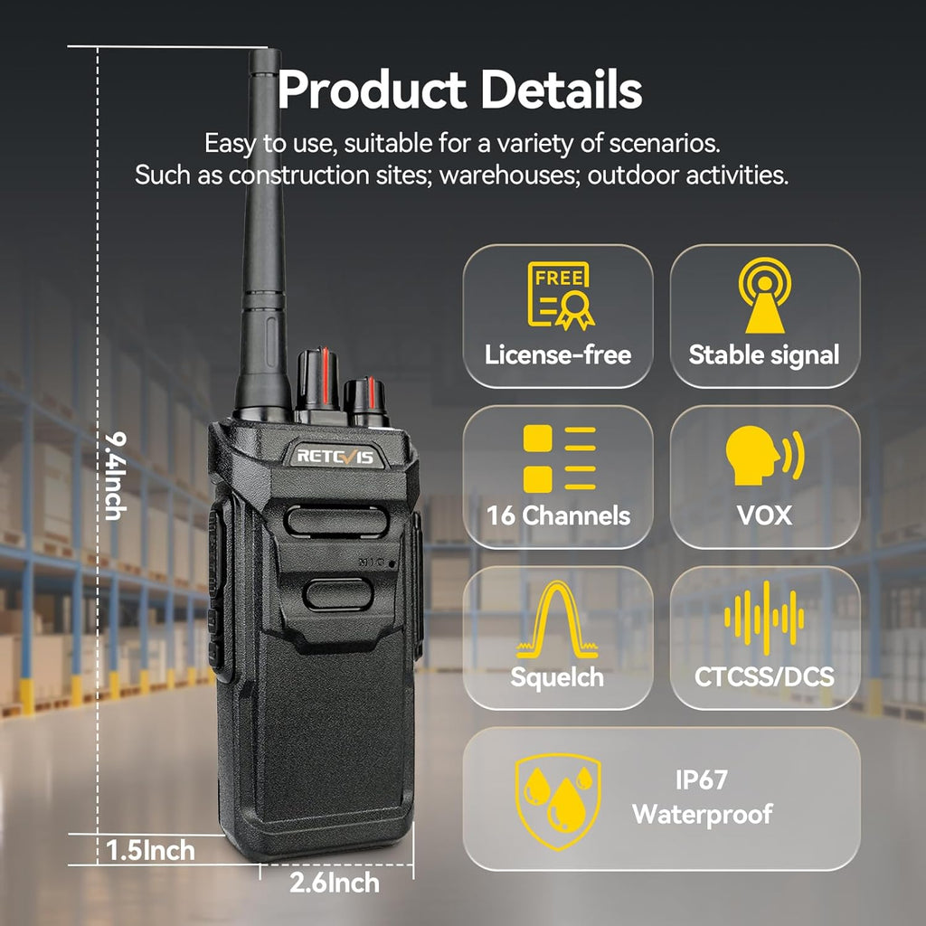 Retevis RT48 IP67 Waterproof Walkie Talkies for Adults,Heavy Duty,Professional Two Way Radio Rechargeable,1200mAh,VOX,Emergency Alarm,Rugged 2 Way Radios for Work Construction Jobsite School(10 Pack)