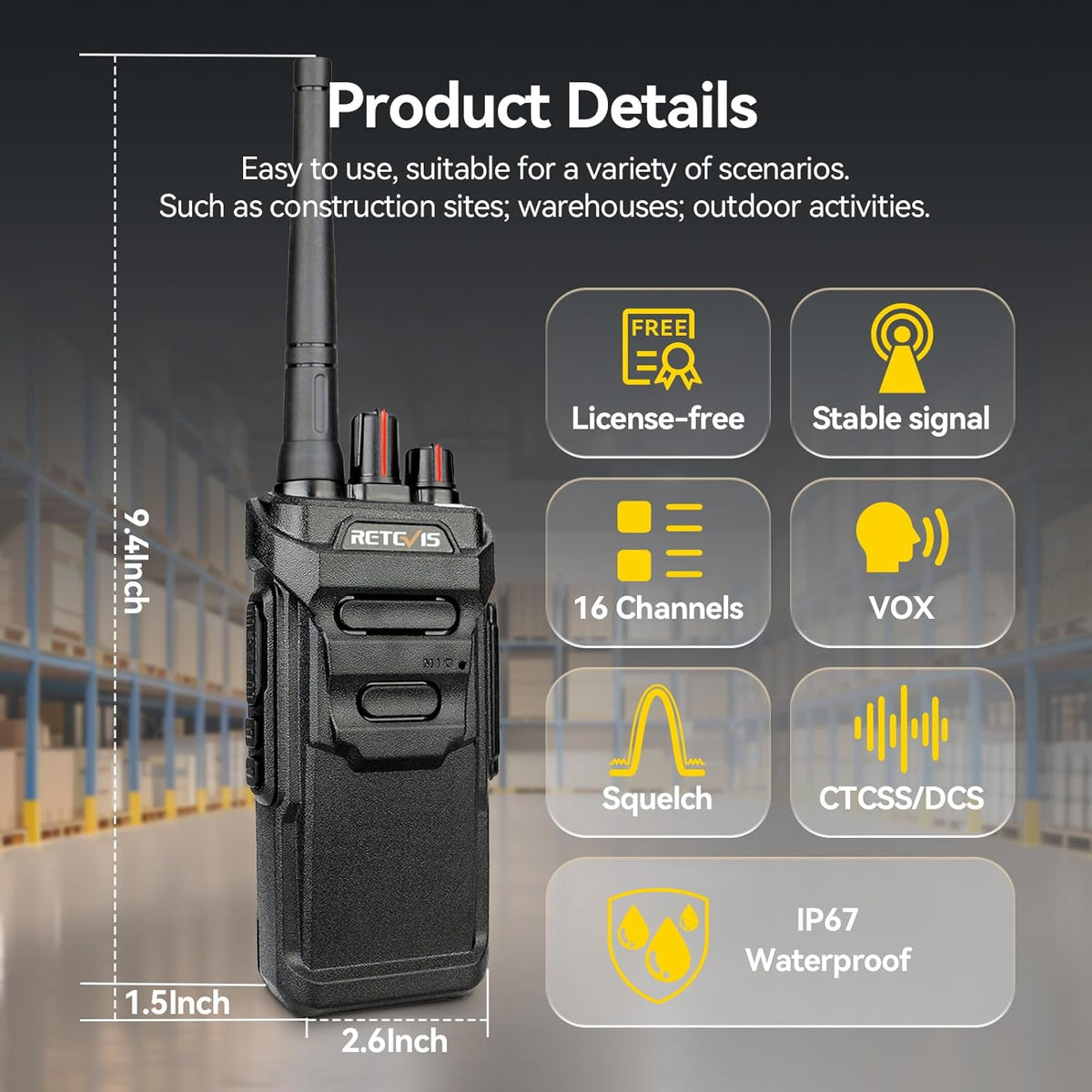 Retevis RT48 IP67 Waterproof Walkie Talkies for Adults,Heavy Duty,Professional Two Way Radio Rechargeable,1200mAh,VOX,Emergency Alarm,Rugged 2 Way Radios for Work Construction Jobsite School(10 Pack)