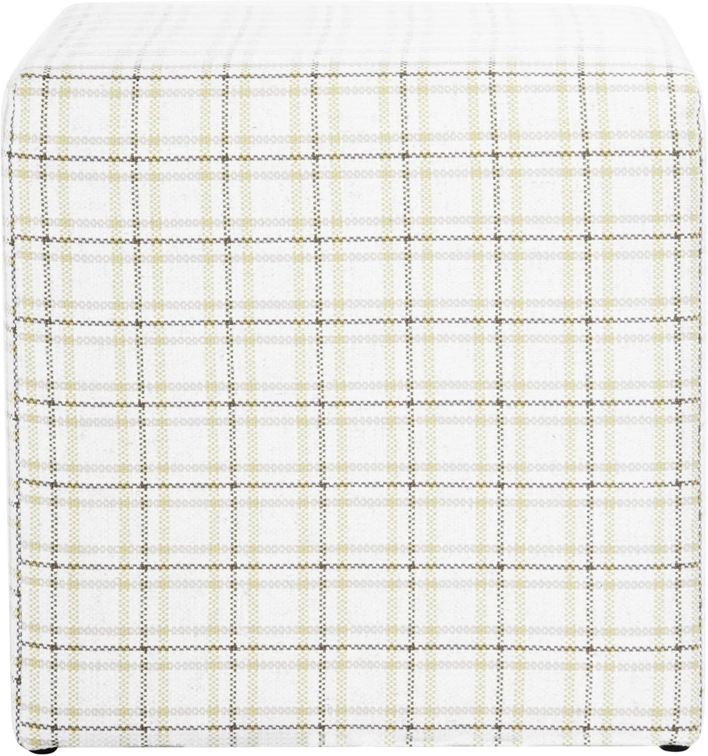 HomePop 19” Square Upholstered Ottoman with Solid & Engineered Wood Frame, Modern Cube Accent Stool for Living Room, Bedroom or Entryway - Natural Plaid Woven Fabric