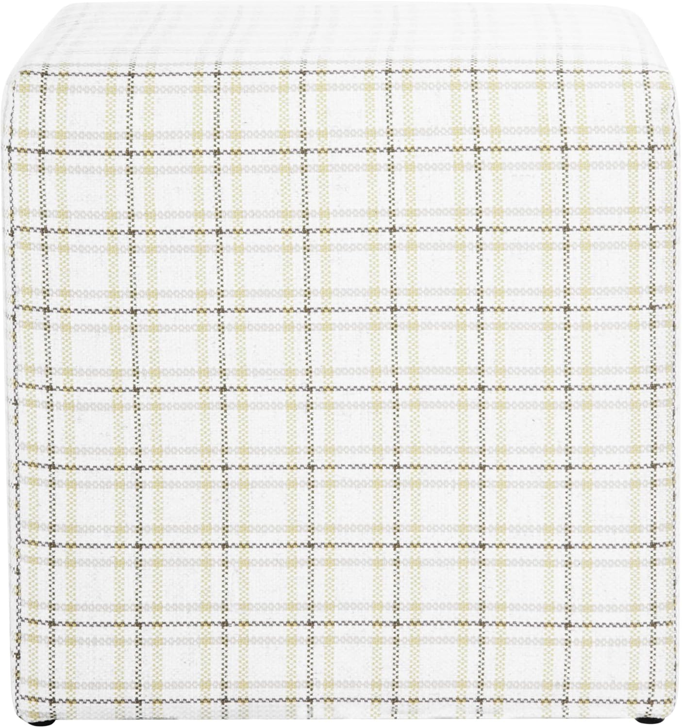 HomePop 19” Square Upholstered Ottoman with Solid & Engineered Wood Frame, Modern Cube Accent Stool for Living Room, Bedroom or Entryway - Natural Plaid Woven Fabric