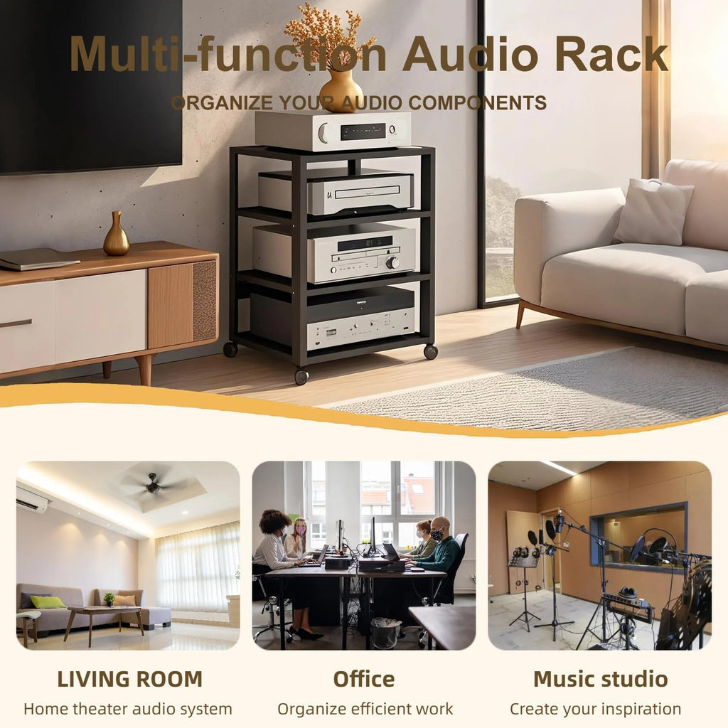 4 Tier AV Media Stand, Audio Rack Tower Stereo Components Cabinet, Home Theatre CD Record Player Stereo Receiver Equipment Rack with Adjustable Wood Shelves, Load 220lbs (Black)