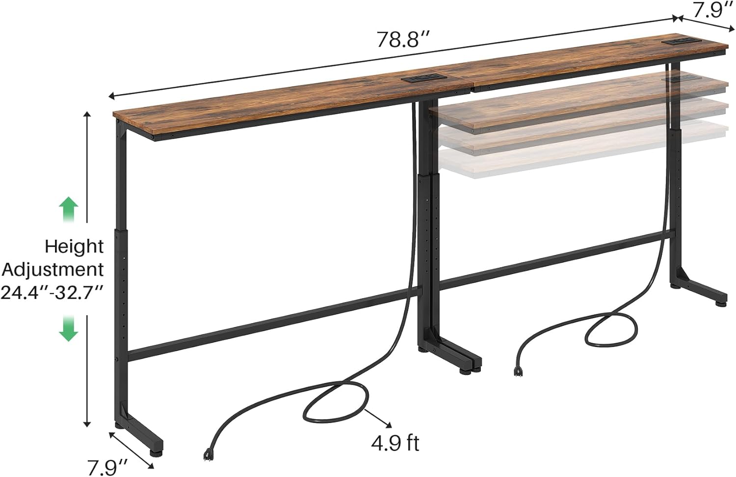 Kitstorack 2-Pack Rustic Brown Console Table, 7.9" Deep Panel, Adjustable Height (25"-33") & Built-in Power Outlets, Behind Sofa Couch, Includes 4.9' Power Cord - 78.8" Total Long