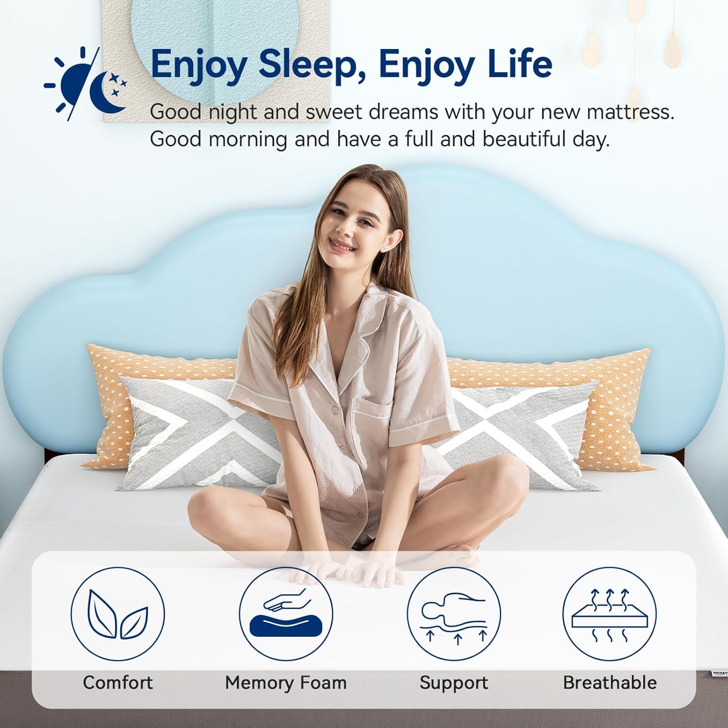 Amazon Basics Gel Memory Foam Mattress, Soft Plush Feel, Breathable Premium Knitted Fabrics, Removable Cover, Easy Set Up, 6 Inch, Full, White/Grey