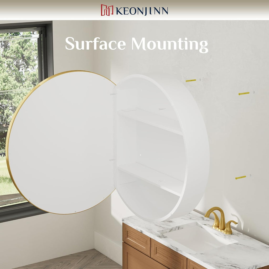 Keonjinn 26 x 26 Round Medicine Cabinets for Bathroom, Gold Surface Mount Metal Framed Medicine Cabinet with Mirror, Modern Medicine Cabinet Wall Mount Only, Farmhouse Mirrored Cabinet with Storage