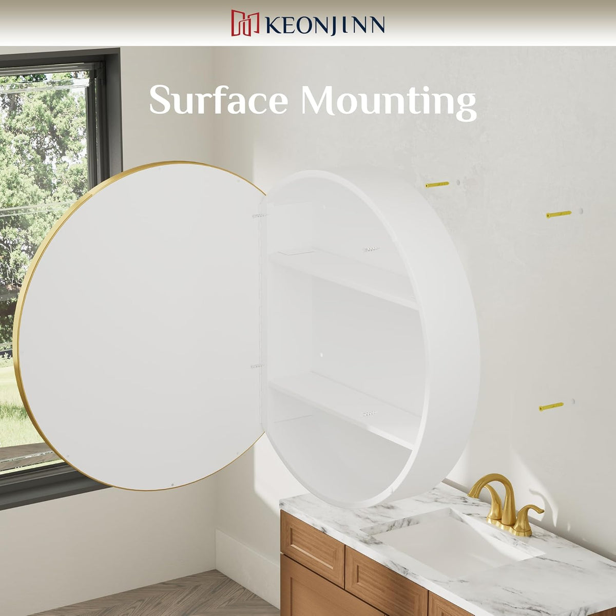 Keonjinn 26 x 26 Round Medicine Cabinets for Bathroom, Gold Surface Mount Metal Framed Medicine Cabinet with Mirror, Modern Medicine Cabinet Wall Mount Only, Farmhouse Mirrored Cabinet with Storage