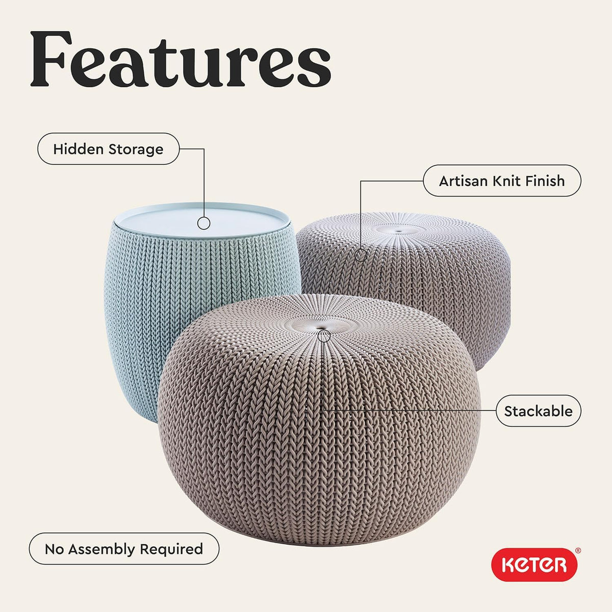 Keter Urban Knit Pouf Ottoman Set of 2 with Storage Table for Patio and Room Décor - Perfect for Balcony, Deck, and Outdoor Seating, Misty Blue & Taupe