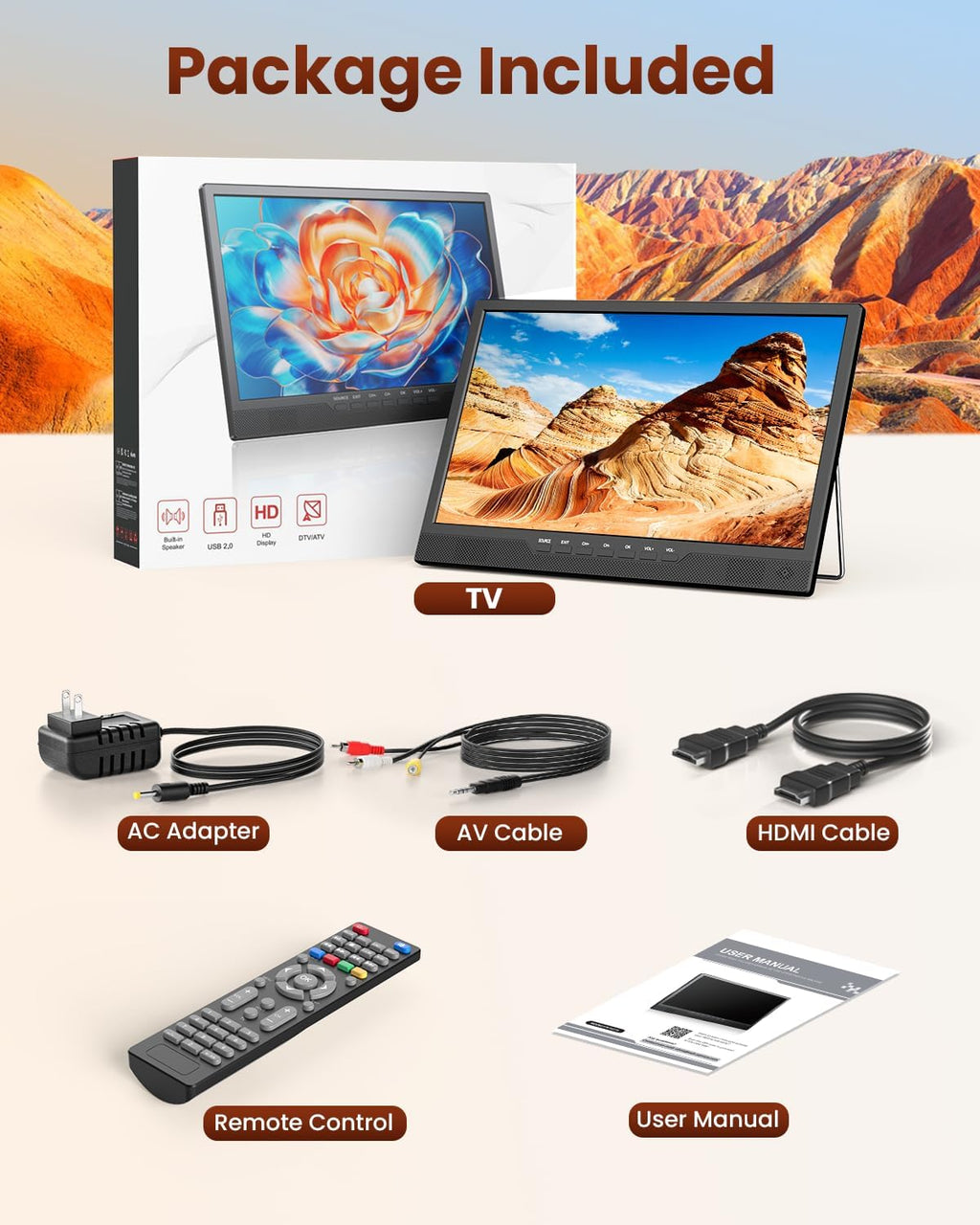 Desobry 16 Inch Small Smart TV - LCD Small Kitchen TV with WiFi, Bulit-in 180°Adjustable Stand/ATSC Tuner/HDMI/AV/USB for Camping, Bedroom, RV, Patio, Indoor & Outdoor Use