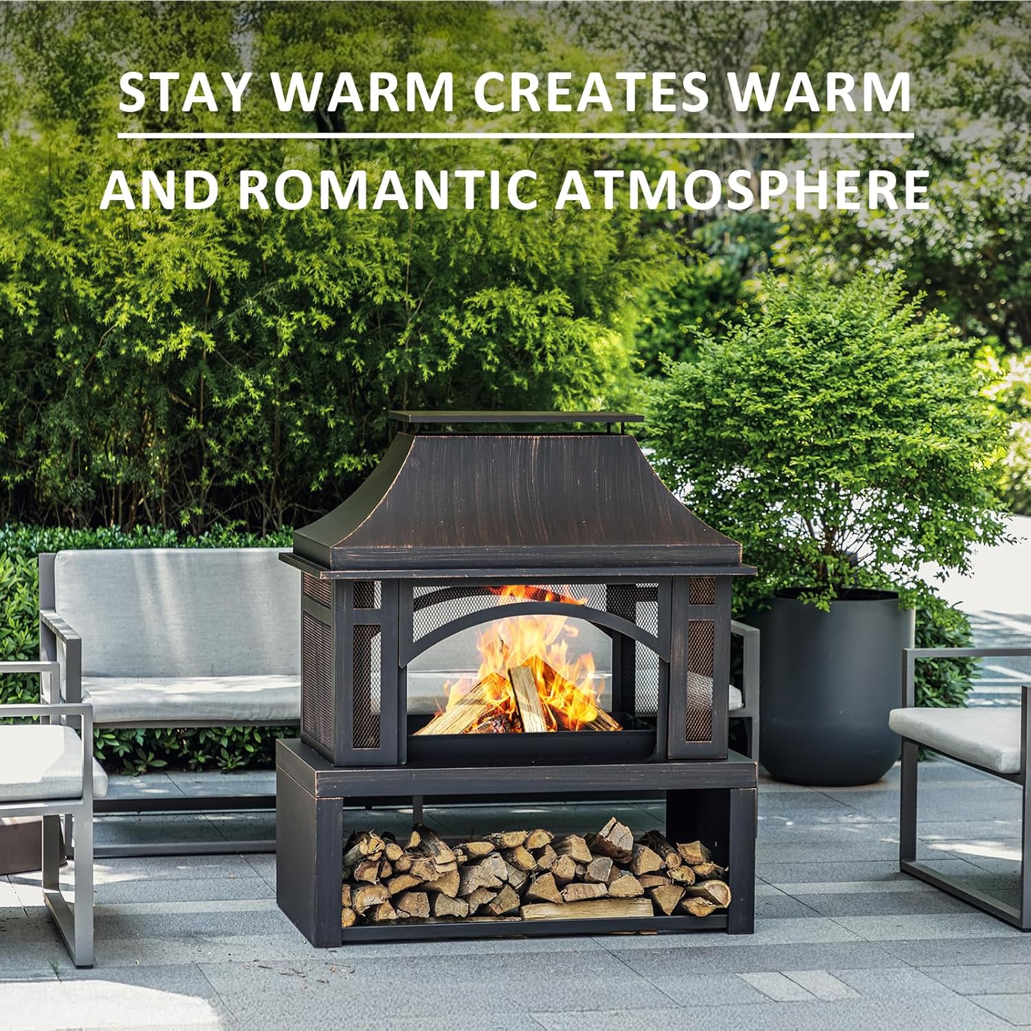 39" Fire Pits with Wood Storage for Outside, Large Wood Burning Outdoor Fireplace with Chimney, Mesh Spark Screen & Fire Poker, Idea for Backyard, Patio, Party, Camping, Picnic