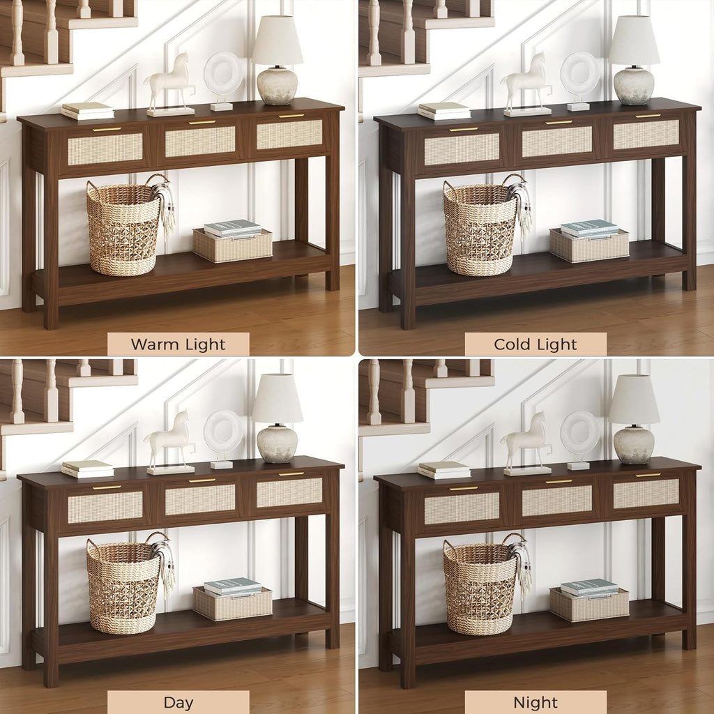 Luoxiao Console Table for Entryway with 3 Rattan Drawers Boho Entry Table with Storage Open Shelf, Narrow Long Sofa Tables for Living Room, Hallway, Foyer, Couch, Front Door, Walnut, 47 Inch