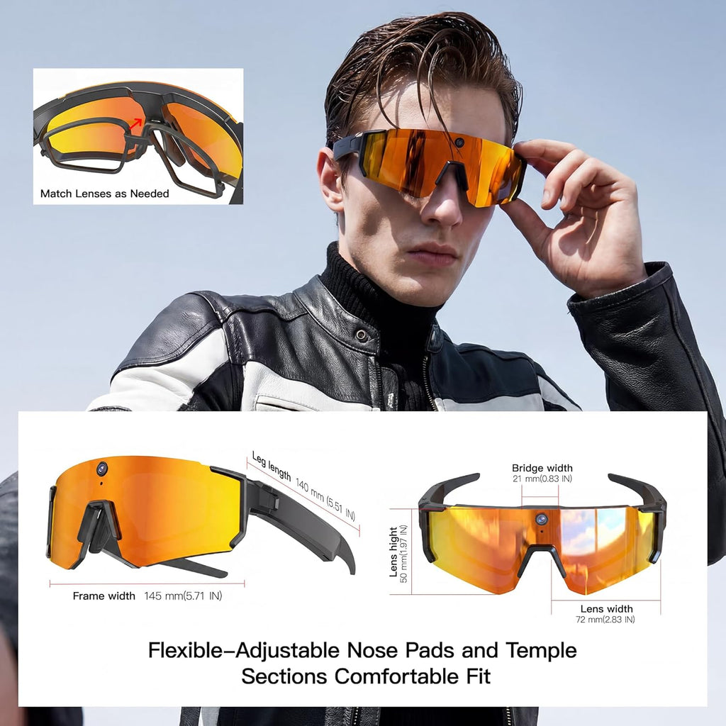 Sport AI Smart Glasses with Camera and EIS Stabilization, Bluetooth 8MP HD Camera 1200P Video Recording, AI Voice Assistant Photo Recognition, Real-Time Translation, Polarized Lenses Sunglasses