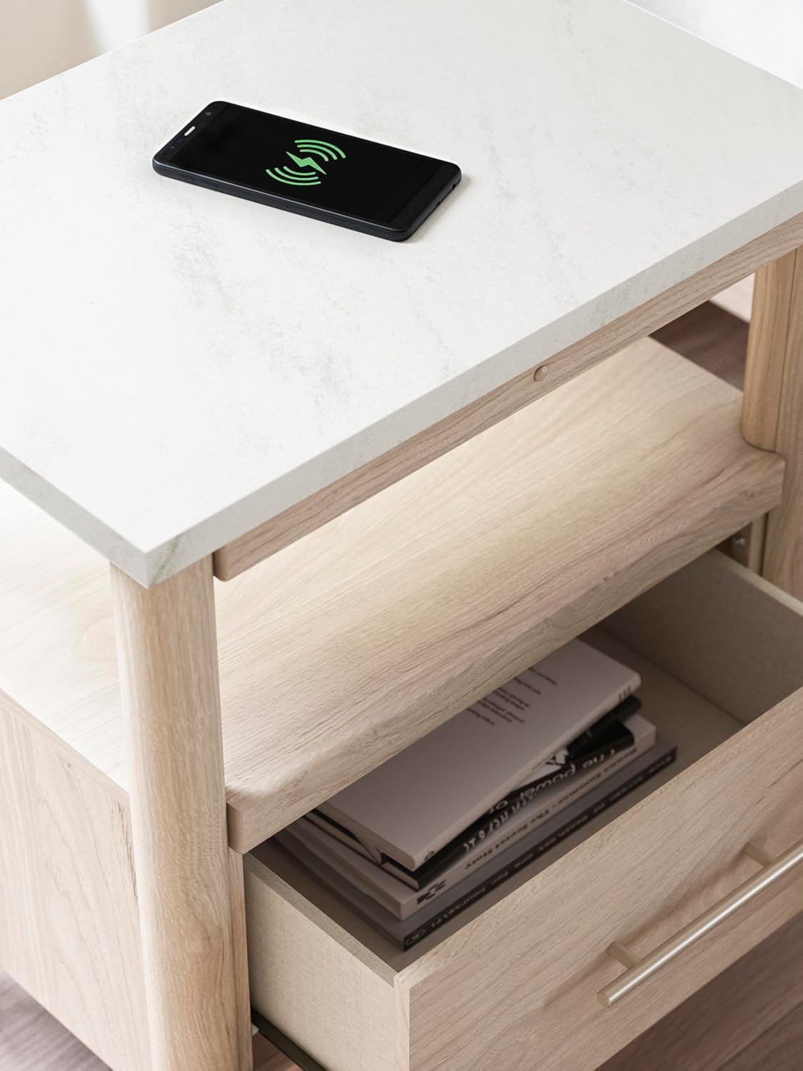 Signature Design by Ashley Cadmori Casual Faux Marble Tabletop 1 Drawer Nightstand with Open Shelf, Ambient Lights, Wireless Charging and USB-C Ports, 26.57" Tall, Light Brown & White