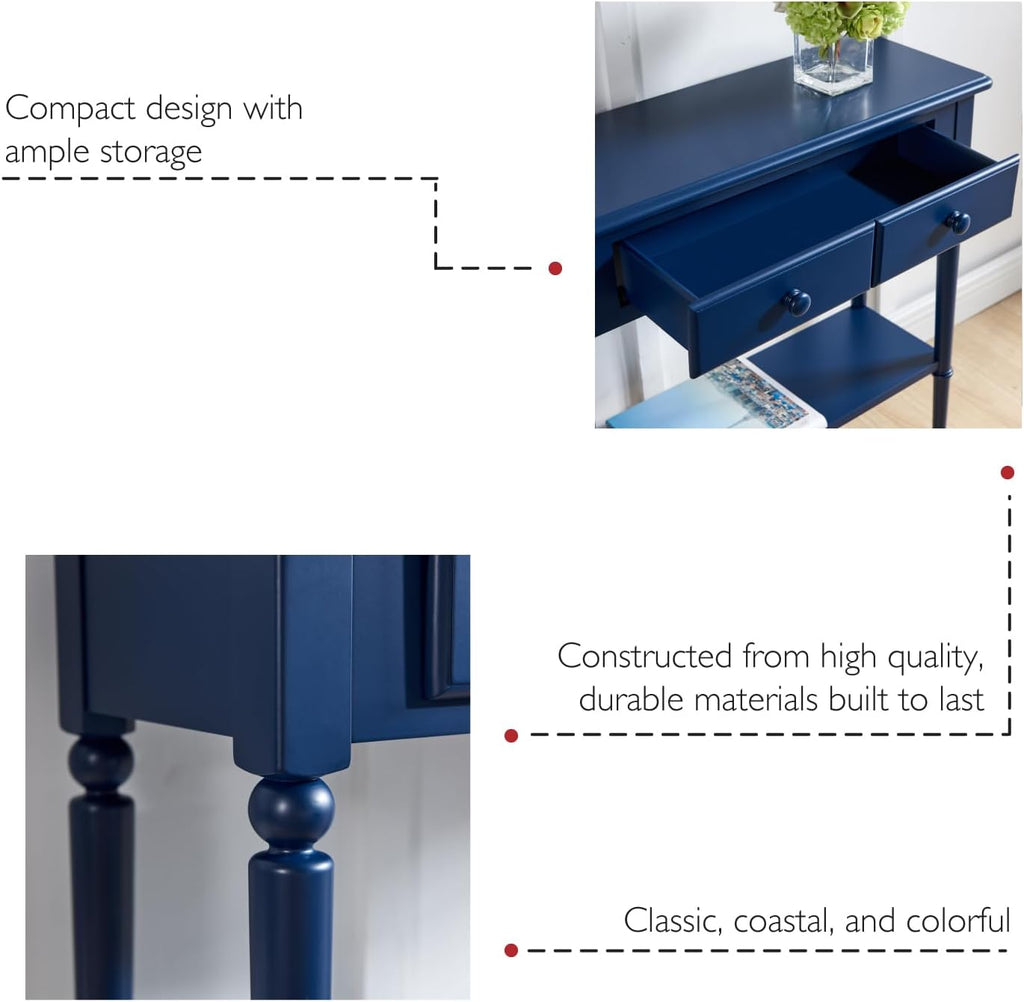 Leick Home Coastal Console Table, Solid Wood, 2 Storage Drawers, Bottom Display Shelf, Narrow Depth, Easy-Assembly, for Living Room/Hallway, Navy Blue, 30.0 in. W x 11.0 in. D x 28.0 in. H, 20027-NV