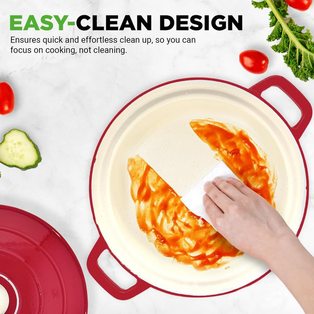 Nutrichef 6 Quart Electric Dutch Oven | 1500W 5-in-1 Enamel Coated Cast Iron Pot with Stainless Steel Lid | Precise Temperature Control | Includes 2 Silicone Pot Holders & Heat Resistant Pad | Red