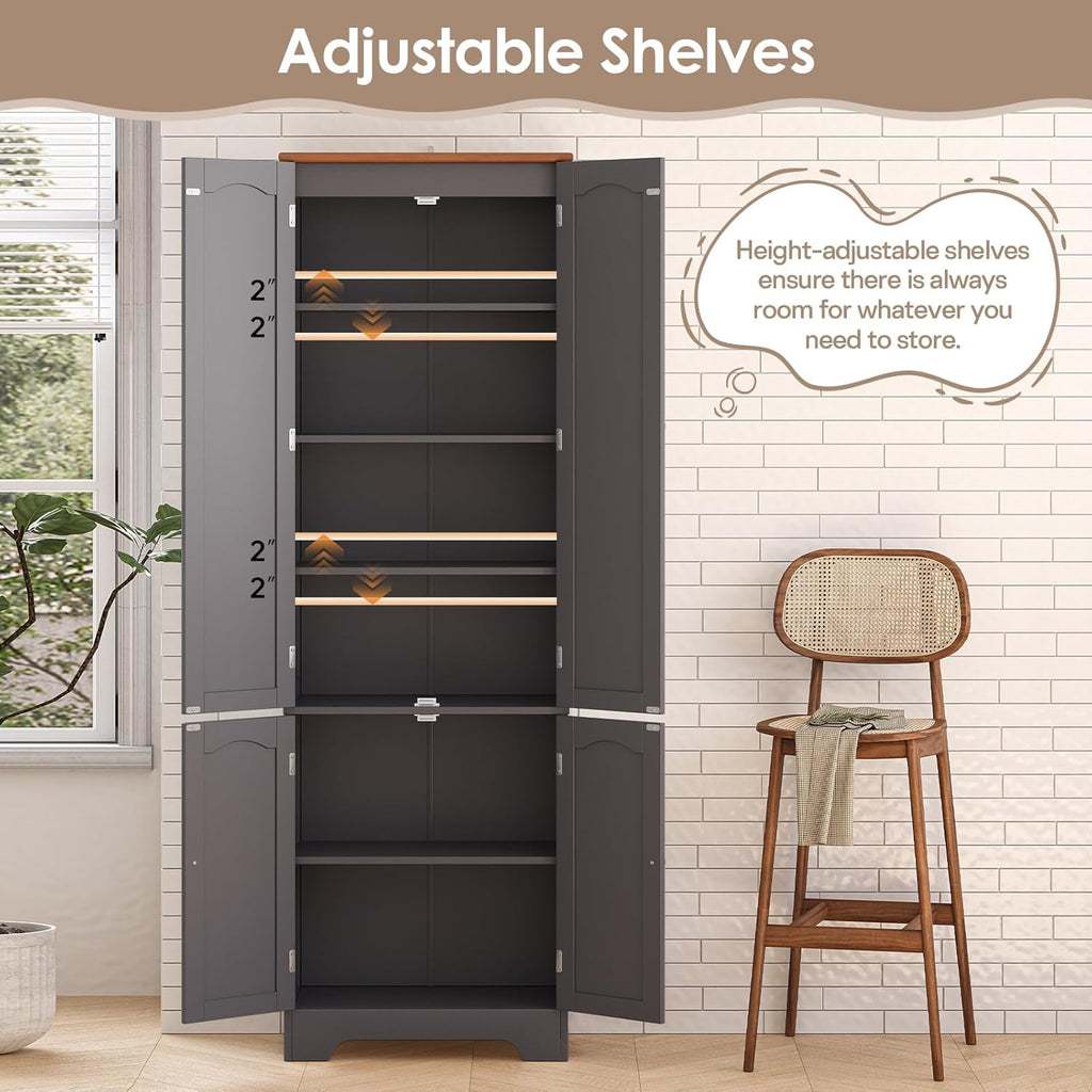 4 Door Pantry -72.2'' Kitchen Cabinet with Adjustable Shelves, Freestanding Cupboard, Tall Storage Cabinets for Dining Room, Living Room, Laundry, Bathroom, Entryway, Grey