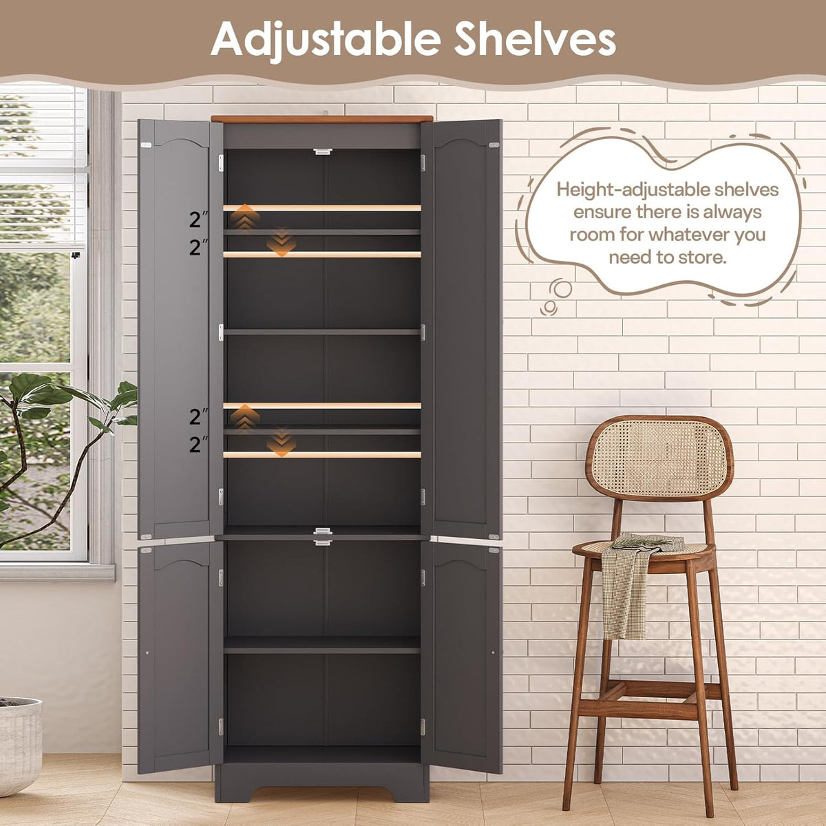 4 Door Pantry -72.2'' Kitchen Cabinet with Adjustable Shelves, Freestanding Cupboard, Tall Storage Cabinets for Dining Room, Living Room, Laundry, Bathroom, Entryway, Grey
